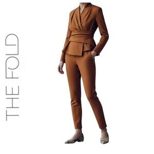 The Fold London Toffee Brown 4-Way Stretch Peplum Wrap Top & Trouser Suit